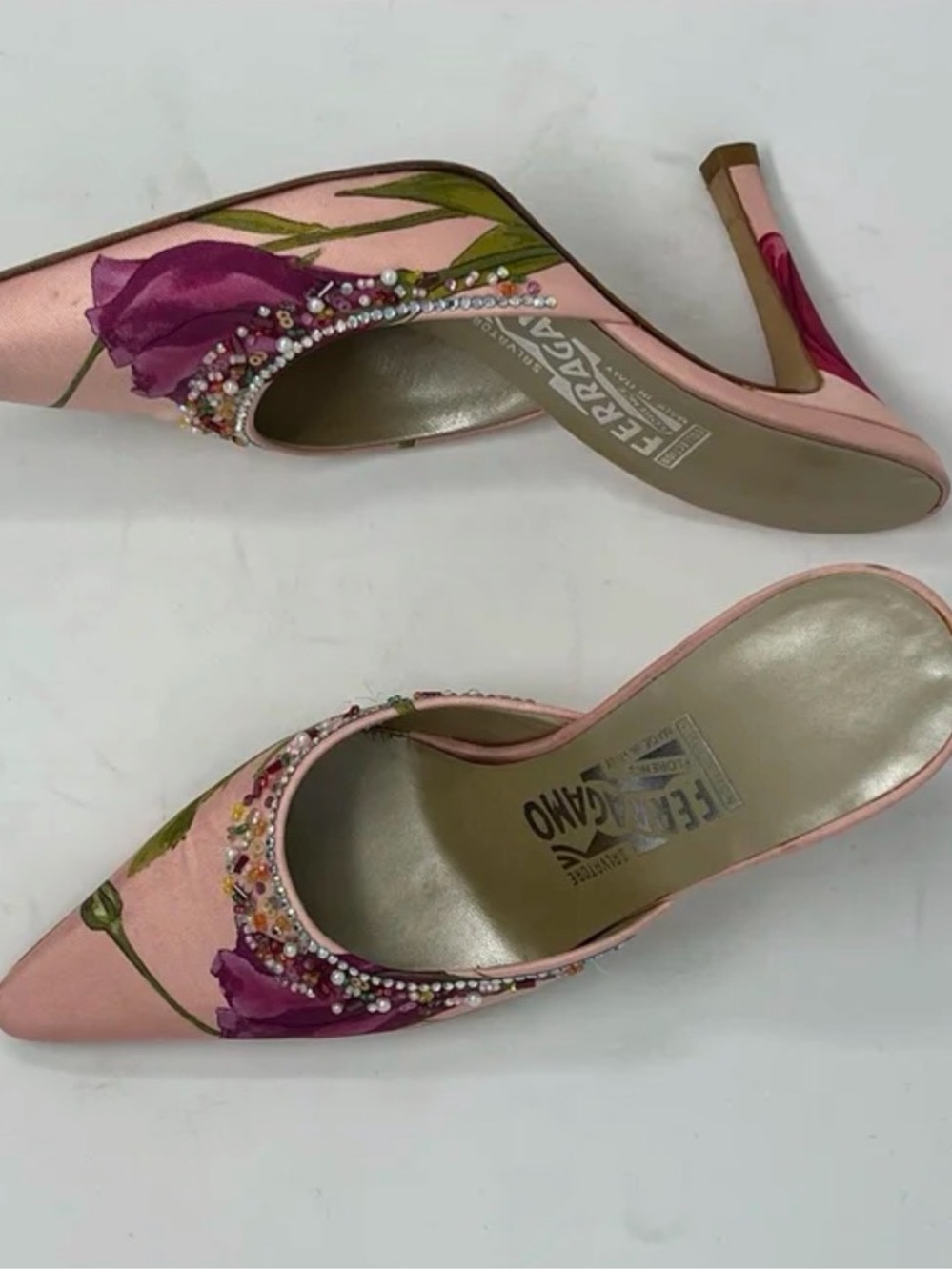 Vintage Salvatore Ferragamo Pink Floral Beaded Slip-On Mules - Picture 1 of 13